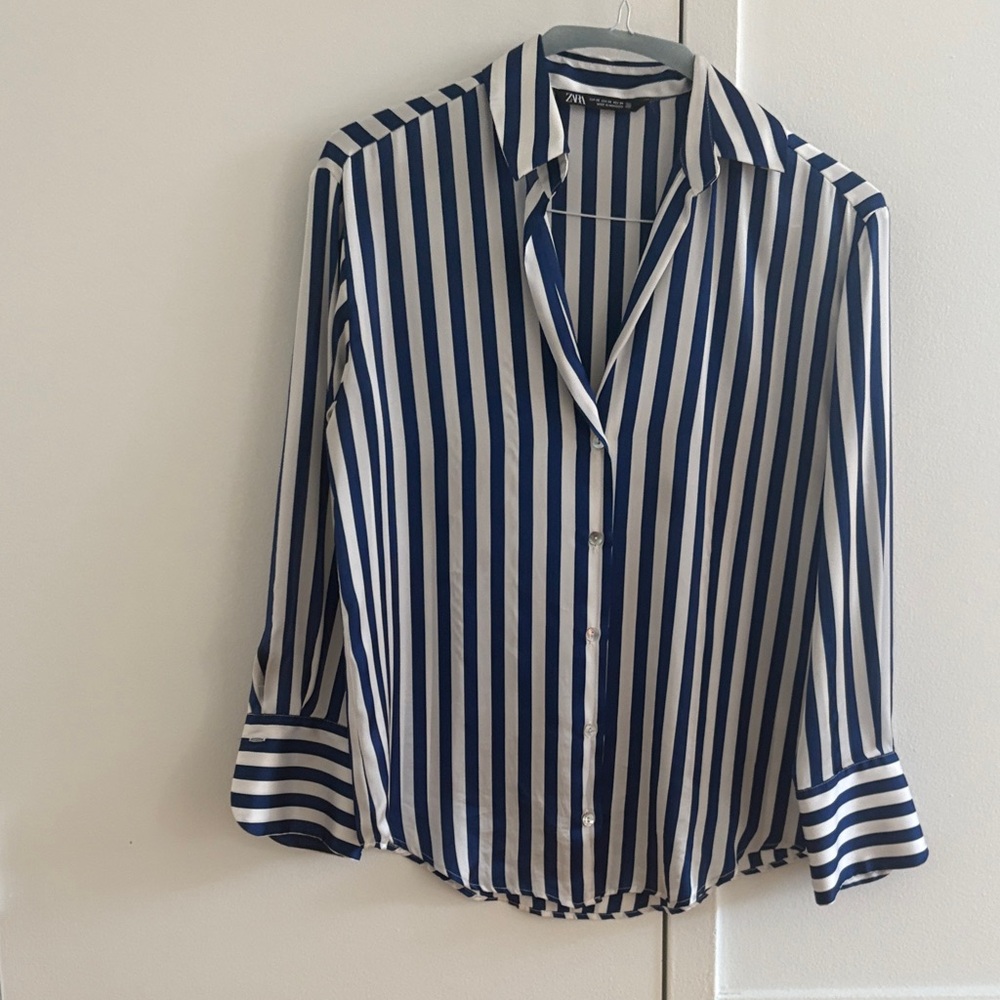 Zara Navy and White Striped Button Down Shirt